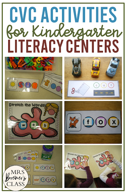 CVC activities to practice beginning, middle, and ending sounds in Kindergarten literacy centers and word work stations