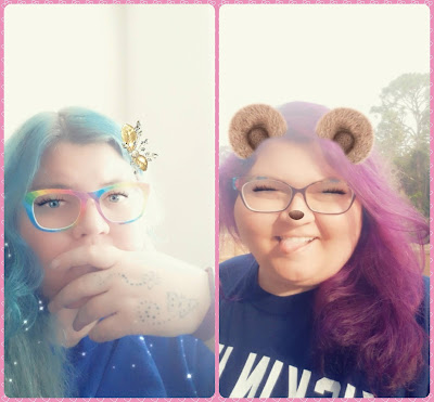 a side-by-side of two pictures of the blogger, one with her hair dyed blue and one with her hair dyed purple. both use Snapchat filters.