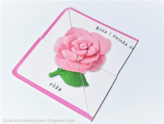 układanka dla malucha, zdjęcie przedstawia stronę z kartonowej książeczki z wizerunkiem różowej róży, strona pocięta jest na cztery kawałki, w pionie i w poprzek