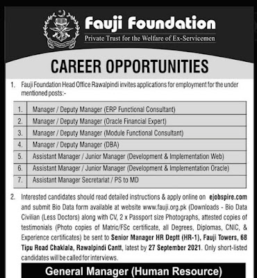 Fauji Foundation job advertisement 2021