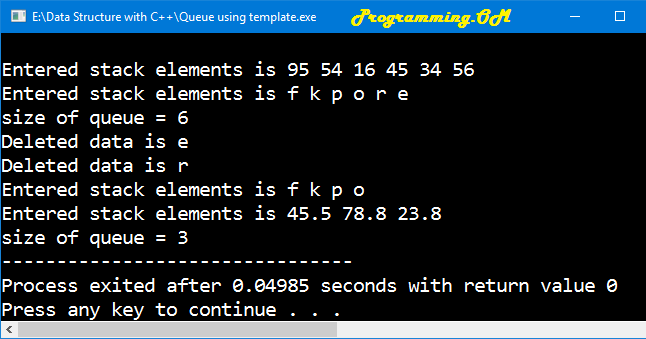 Program in C++ to implement queue Using Template feature.