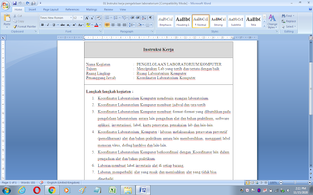 Contoh instruksi kerja di laboratorium komputer sekolah