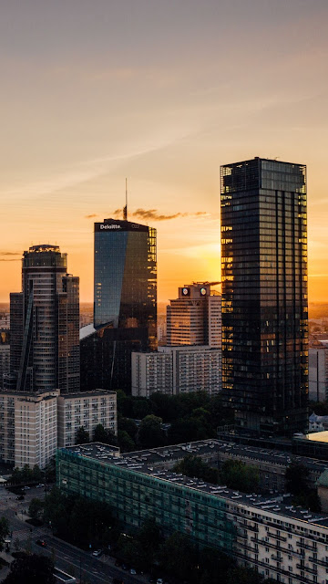 Skyscrapers, City, Aerial view, Sunset, Buildings Skyscrapers, City, Aerial view, Sunset, Buildings