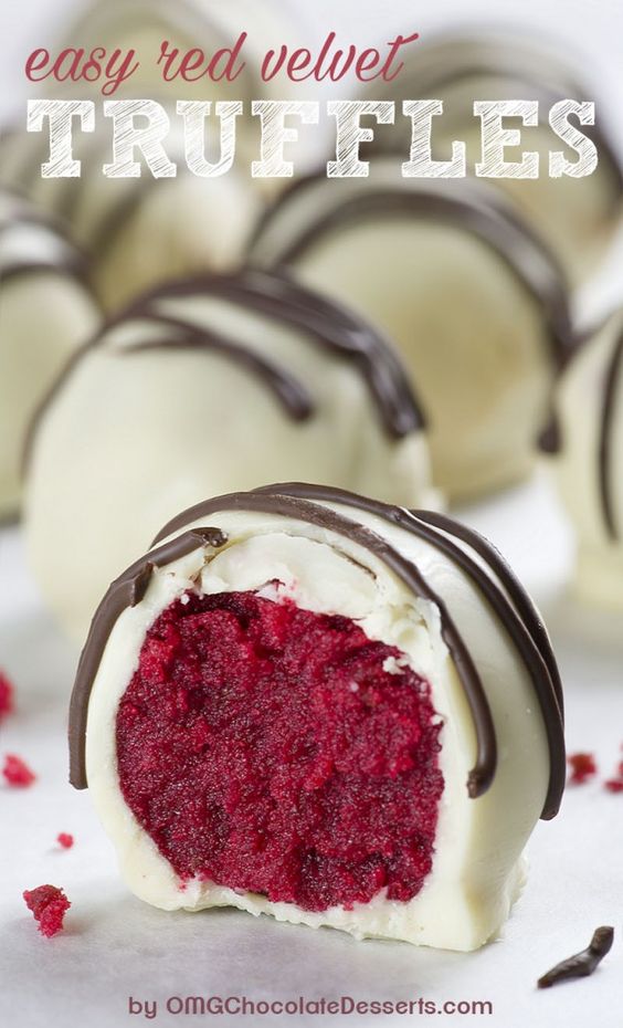 Red Velvet Truffles are bites of red velvet cake rolled up and dipped in white chocolate.