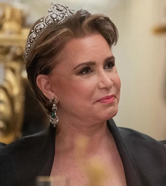 Queen Mathilde diamond tiara, Maria Teresa diamond earrings, Princess Stephanie diamond tiara onyx. Mathilde fuchsia gown