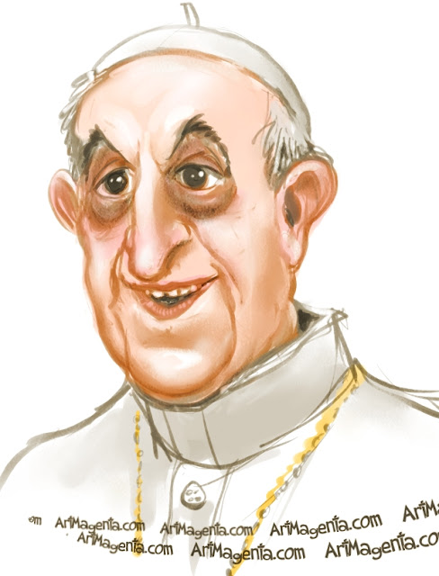 Pope Francis caricature cartoon. Portrait drawing by caricaturist Artmagenta