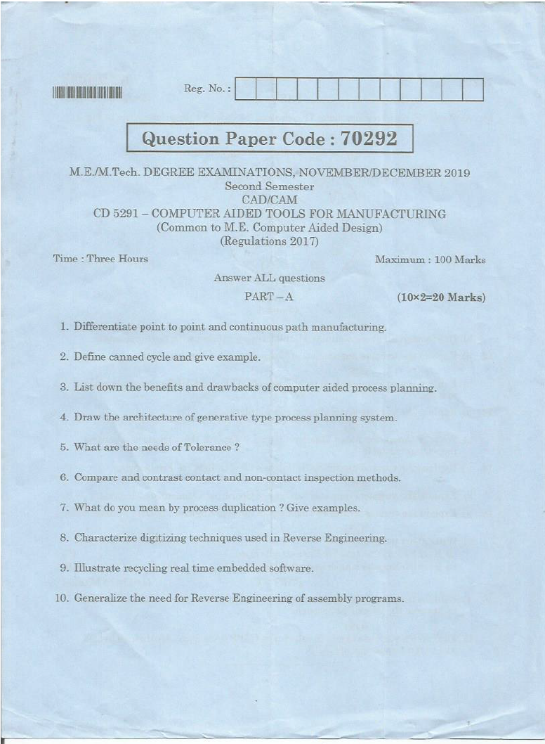 Anna University CD AIDED TOOLS FOR MANUFACTURING November