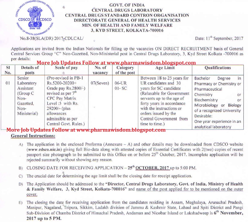 Vacancy for Senior Laboratory Assistant Post (7 Positions) CDSCO