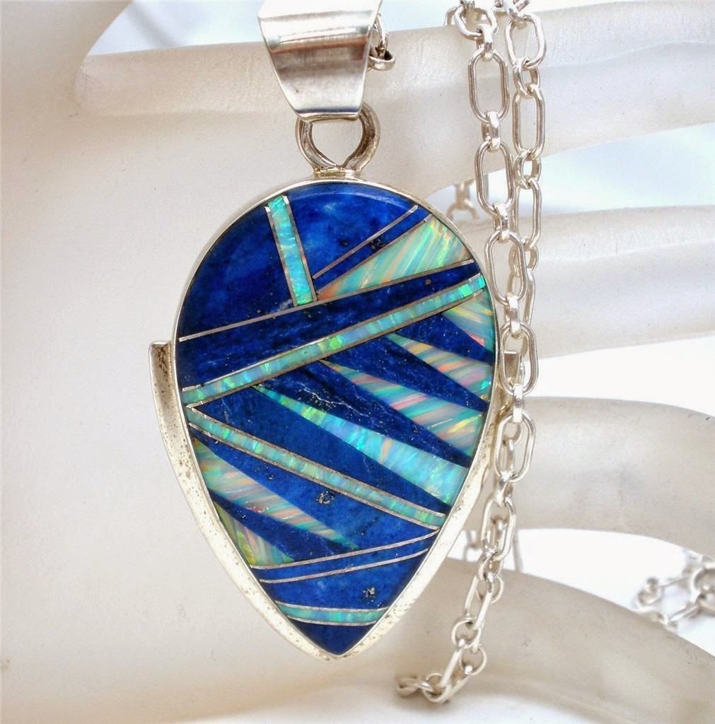The Jewelry Lady's Store Inlay Gemstone Necklace Opal Lapis Sterling