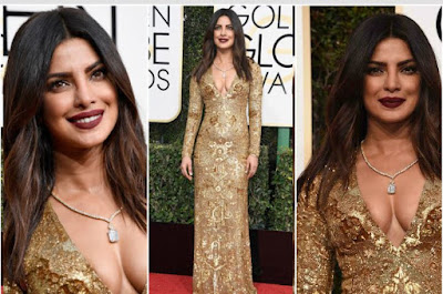 @InstaMag - Priyanka Chopra made a stunning debut on the red carpet of the 74th Golden Globe Awards in a golden glided Ralph Lauren gown with a plunging v-neckline. priyanka-chopra-glitters-at-golden-globes-2017