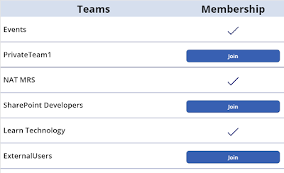 App showing all teams list n the tenant - Showing tick icon if user is member of or showing join button if user is not member of App showing all teams list n the tenant - Showing tick icon if user is member of or showing join button if user is not member of