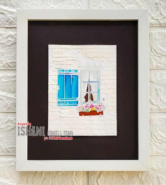 Rustic Greek Window - wall art, STAMPlorations Rustic window, Texture paste brick wall, Stenciling with texture paste, guest designing, Stamplorations, Christmas card, heat embossing, Mixed media, Digital stamp, Digital stamps, rainbowcolors, water colouring, 