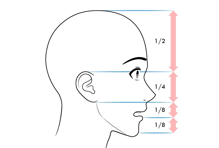 Anime laki-laki wajah proporsi tampilan samping ekspresi ketakutan