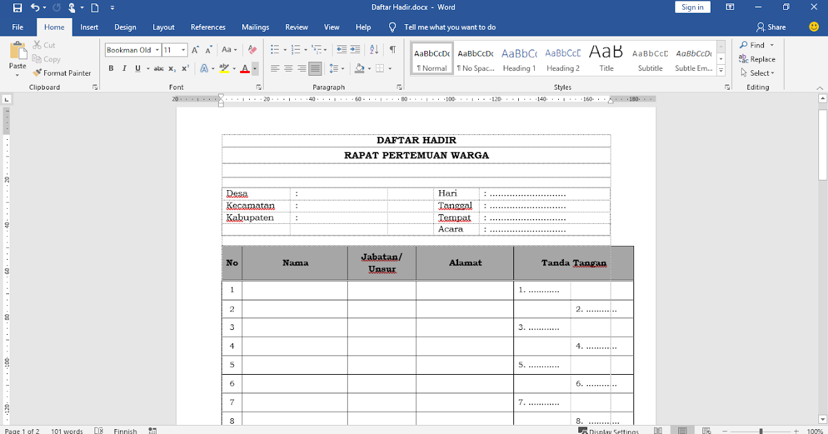 Download Contoh Format Daftar Hadir Pertemuan atau Rapat