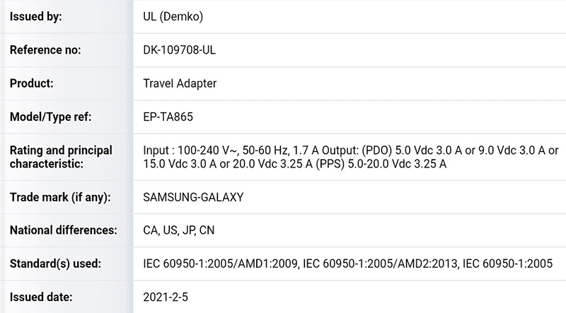 Another certification of Samsung 65W PD charger surfaced online
