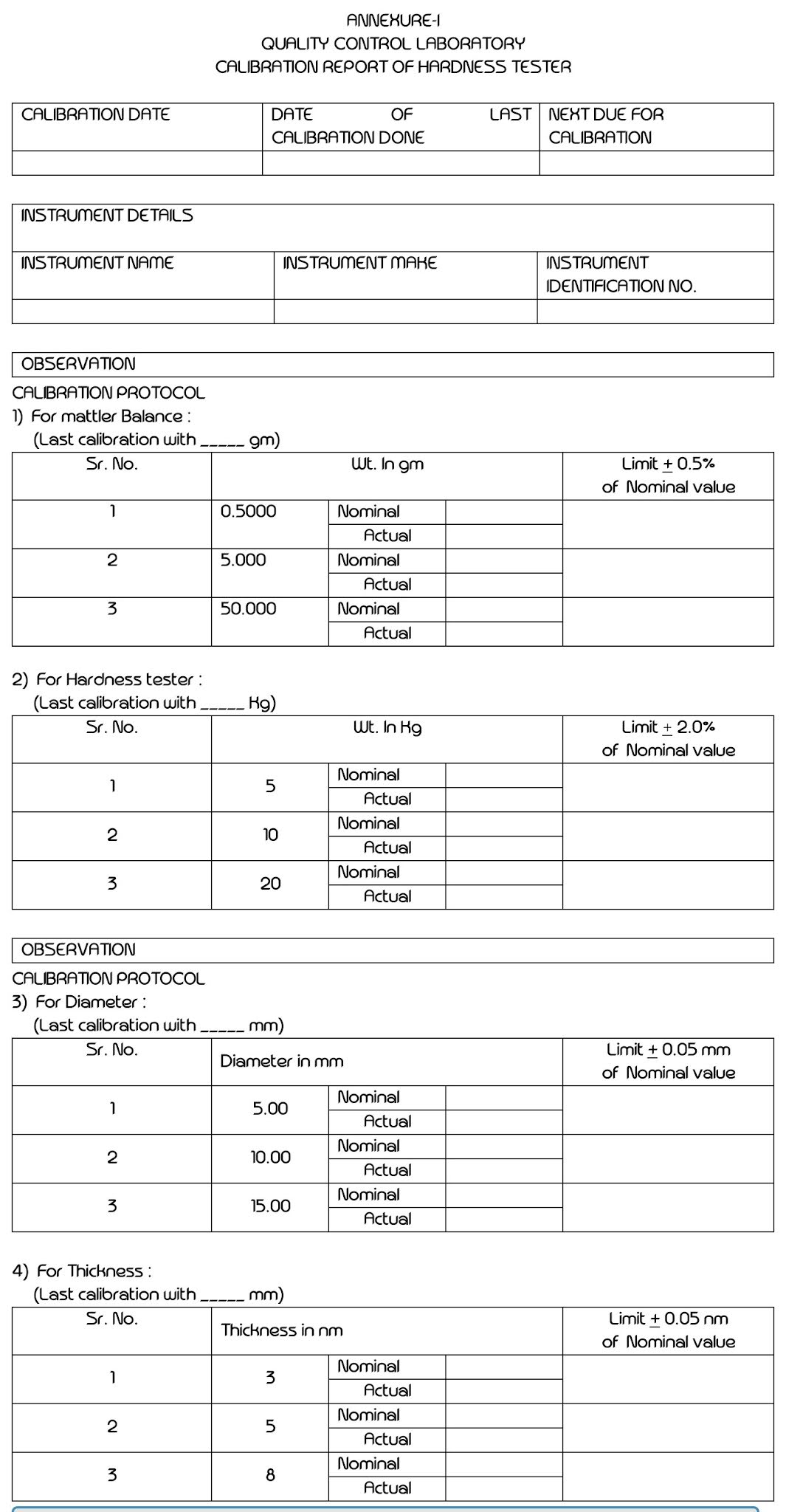 SOP for Calibration of Hardness Tester