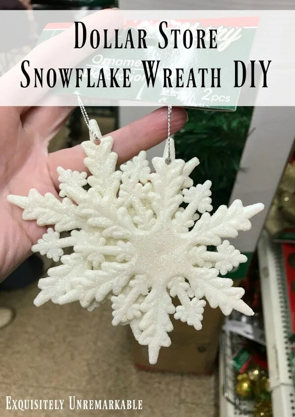 Dollar Store Snowflake  Wreath DIY Text over photo of snowflake ornaments