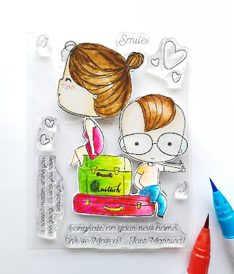 Brutus Monroe, Zig clean colour brush pens, water colouring, Brutus monroe Love suitcase stamp. cards by ishani, quillish, couple card, we are moving card, happy new home card