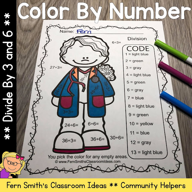 Color By Number Divide by 3 and 6 Careers - Community Helpers Careers Themed Resource