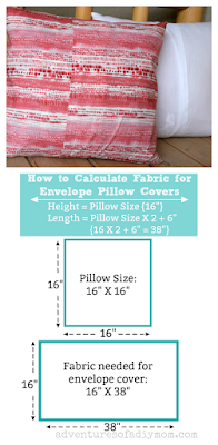 Learn how to calculate the fabric needed for envelope pillow covers with this simple equation. Plus step-by-step pictures on how to sew pillow covers with an envelope closure. #calculatefabricforpillow #envelopepillowcovers #sewingcrafts #diypillows #adventuresofadiymom How to calculate fabric for envelope pillow covers