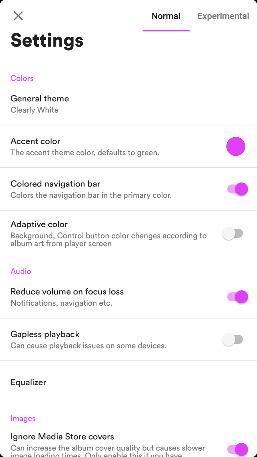 Retro music player settings page