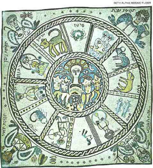 Мозаичный пол с изображением Зодиака из эллинистической синагоги в Бейт-Альфе (Галилея). Сезоны названы Тевет, Нисан, Таммуз и Тишрей. В центре – мотив бога Солнца (Гелиоса).
