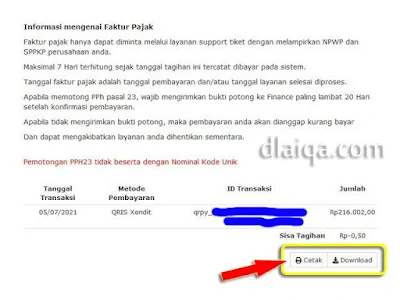 klik 'Cetak' atau 'Download' untuk faktur pelunasan