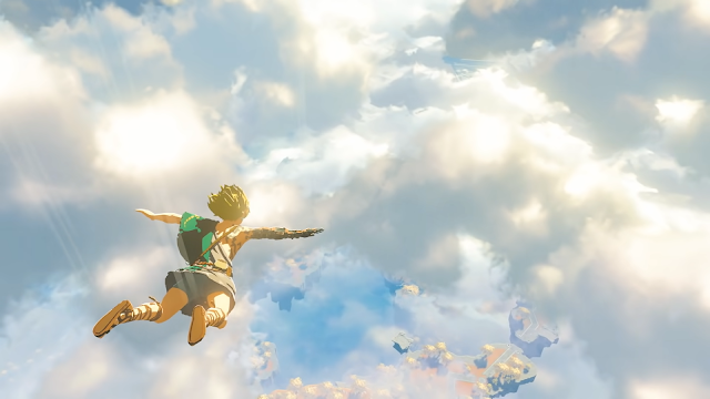 Link falling through the clouds from the Breath of the Wild Sequel. Wind blows through his hair and clothes. Link is wearing an beige shit and green shorts. Clouds are puffy.