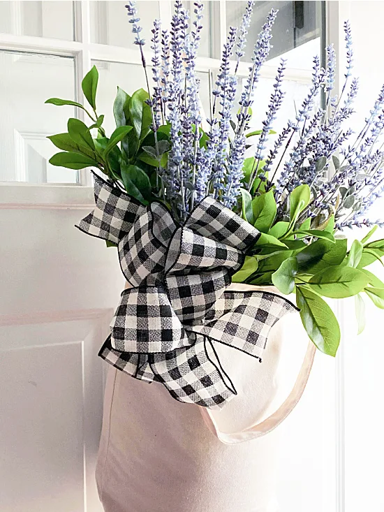 market tote with buffalo check ribbon and flowers