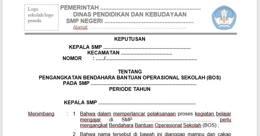 Contoh SK Bendahara BOS dan SK Tim BOS Reguler Sekolah rvlab
