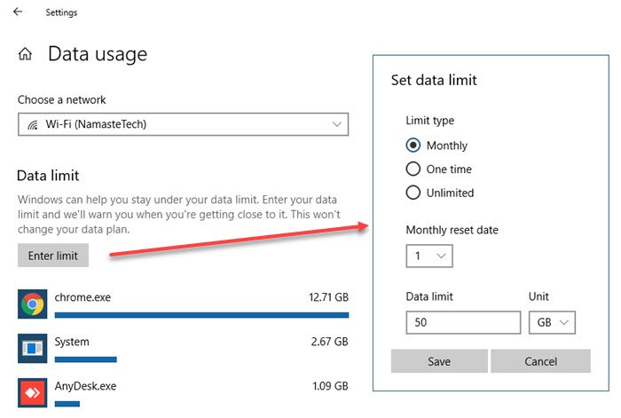 Configurar el límite de datos para el uso de la red