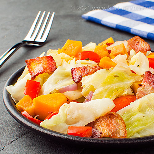 Kitchen Riffs Smothered Cabbage with Bacon and Sweet Potatoes