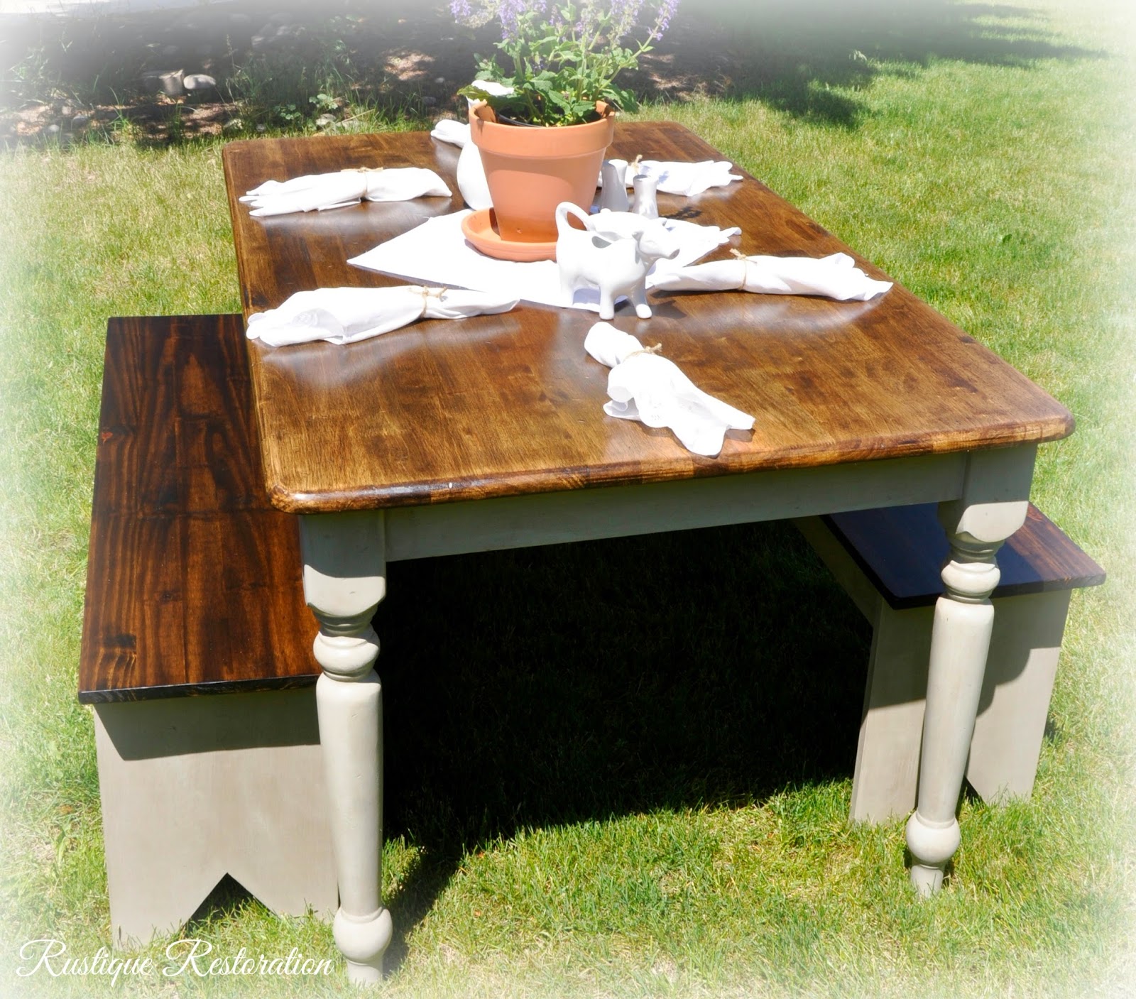 Rustique Restoration Portobello Farmhouse Table Set with Dark Walnut Tops!