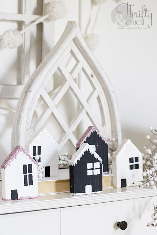 diy winter decor. Easy winter craft projects. Diy frosted winter village. DIY craft houses. Glitter craft ideas. Decorate after christmas ideas.