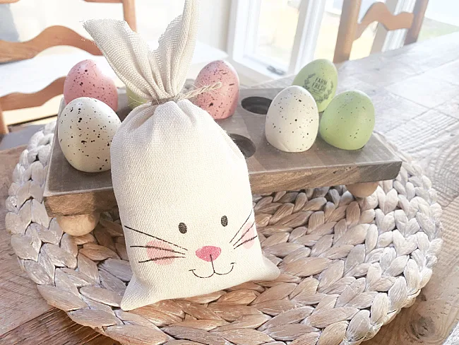 bunny with egg holder and speckled eggs