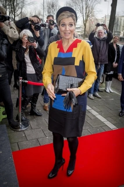 Queen Maxima attends the Prix de Rome award ceremony in the Appel Arts Centre. Queen Maxima wore Spijkers en Spijkers Grasshopper Multi Colour Dress
