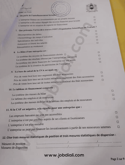 Exemple Concours des techniciens de 3ème grade 2021 HCP - Haut Commissariat au Plan