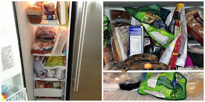 three pictures of unorganized freezers