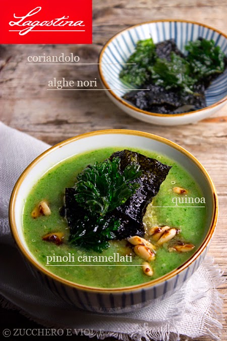 zuppa di bok choy con alghe nori e pinoli caramellati