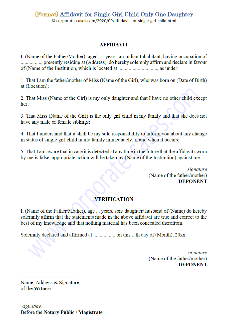 Affidavit for Single Girl Child Only One Daughter (Format)