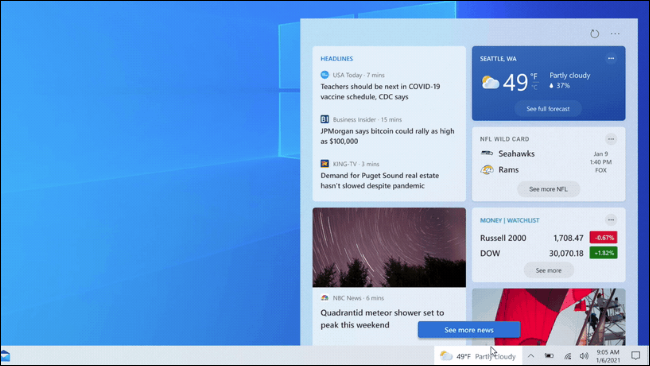 لوحة الأخبار والطقس على شريط مهام Windows 10.