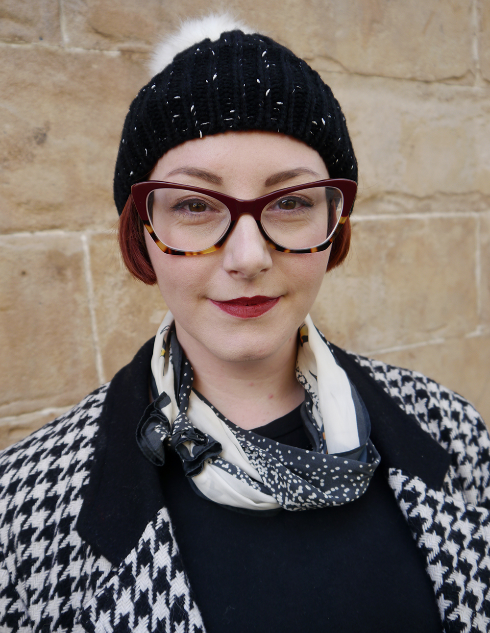 Wrapping up for winter Styled by Helen, Scottish blogger, Wardrobe Conversations, Dundee blogger, winter outfit, winter style, dressing for winter, monochrome outfit, monochrome street style, winter accessories, Tiger, charity shop find, clashing patterns, black and white outfit, Spex Pistol glasses, statement glasses