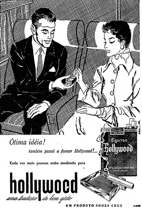 Propaganda dos Cigarros Hollywood em 1956, onde eles recomendavam o uso do cigarro durante as longas viagens de avião.