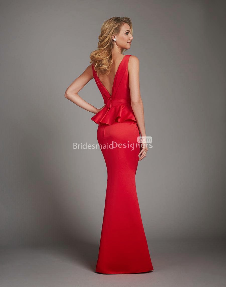 Red Satin Peplum Sleeveless V-neck Long Bridesmaid Dress-2
