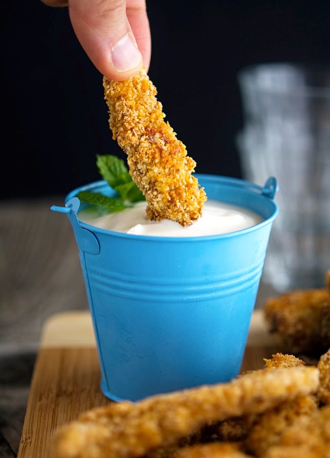 Ultimate Sesame Coconut Chicken Fingers with Minty Yogurt Dip 