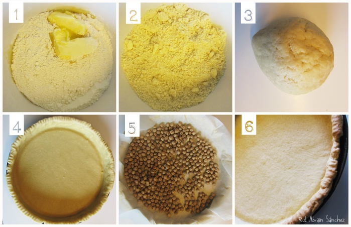 Fotografías que muestran el proceso para hacer la masa quebrada del quiche.
