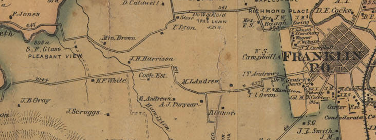 close up of section of 1878 map of williamson county showing j scruggs farm along carter s creek pike west of franklin tennessee state library and close up of section of 1878 map of williamson county showing j scruggs farm along carter s creek pike west of franklin tennessee state library and