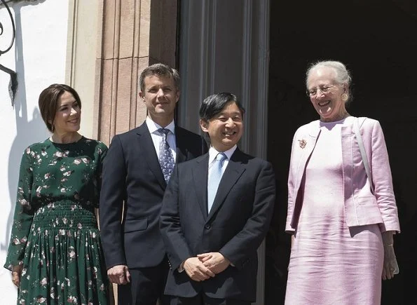 Queen Margrethe, Crown Prince Naruhito, Crown Prince Frederik, Crown Princess Mary wore Ganni Marietta Georgette Top and Skirt, Gianvito Rossi Pumps