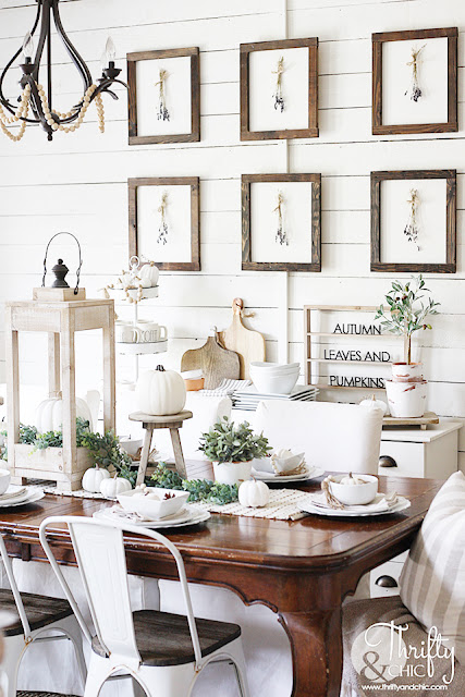 Farmhouse fall decor and decorating ideas. Neutral fall decor. White and green fall decor. How to decorate for fall. Decorate with me. Shiplap wall in dining room. Mismatched dining room chairs