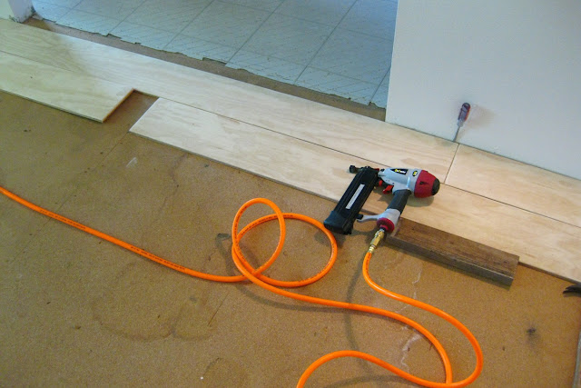 Installing, rustic, plywood plank floor, plywood, plank, install flooring, nail gun, pneumatic, laying planks,